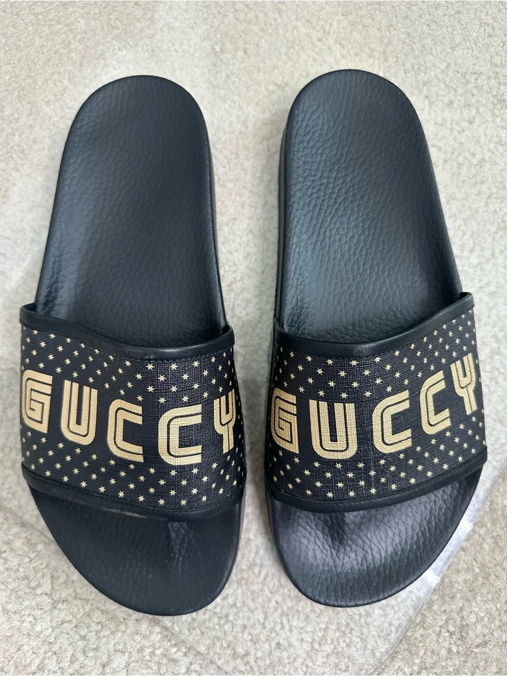 GUCCI GUCCY SEGA STARS BLACK GOLD MEN LEATHER RUBBER SLIDES SZ 11